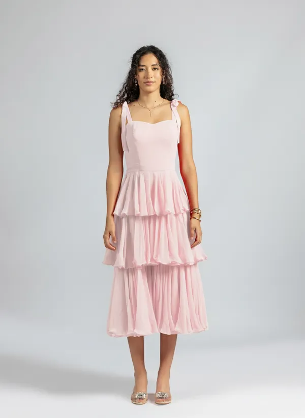 Strappy_Pink_Ruffle_Dress_|__Pink_corset_Tiered_Midi_Dress