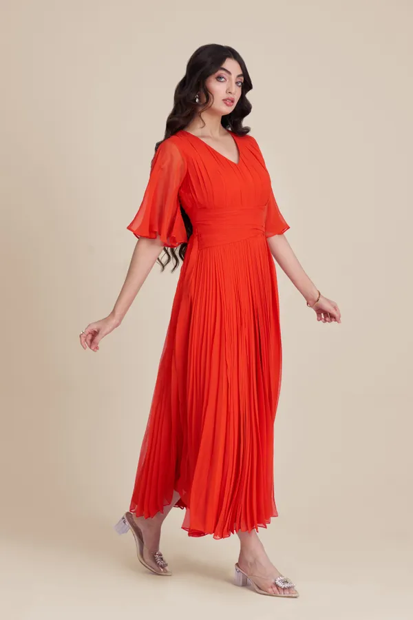 Orange_Pleated_long_dress_|_Indo_western_Dress