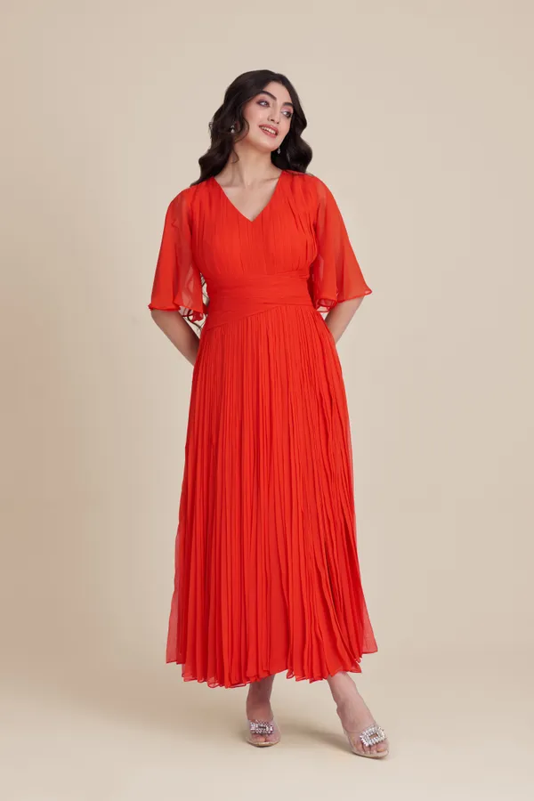 Orange_Pleated_long_dress_|_Indo_western_Dress