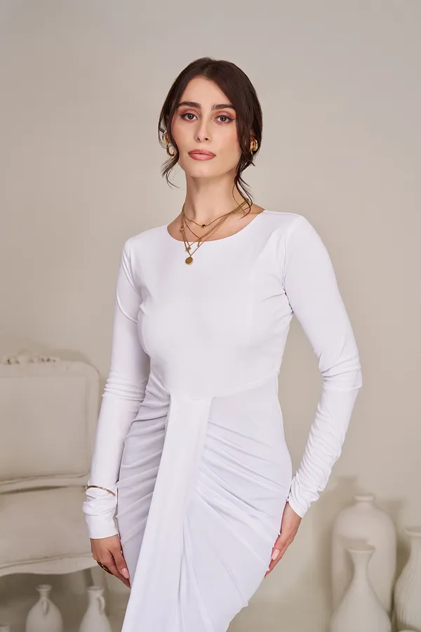 White_Draped_Bodycon_Women's_Gown_|__White_Stretch_Evening_Dhoti_Maxi_Dress