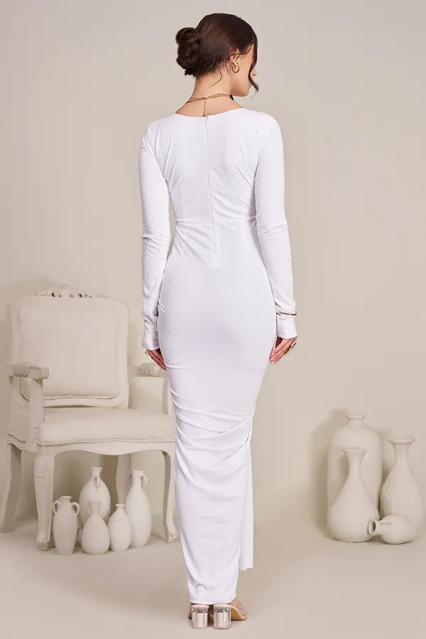 White_Draped_Bodycon_Women's_Gown_|__White_Stretch_Evening_Dhoti_Maxi_Dress