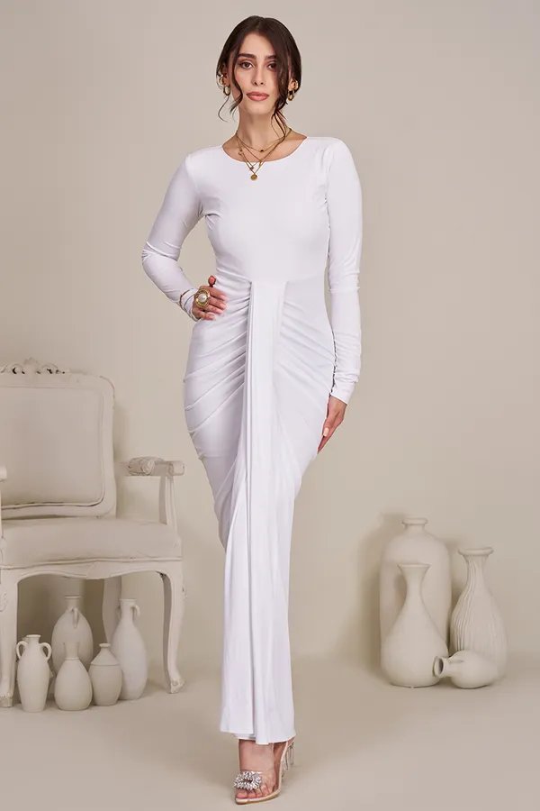 White_Draped_Bodycon_Women's_Gown_|__White_Stretch_Evening_Dhoti_Maxi_Dress