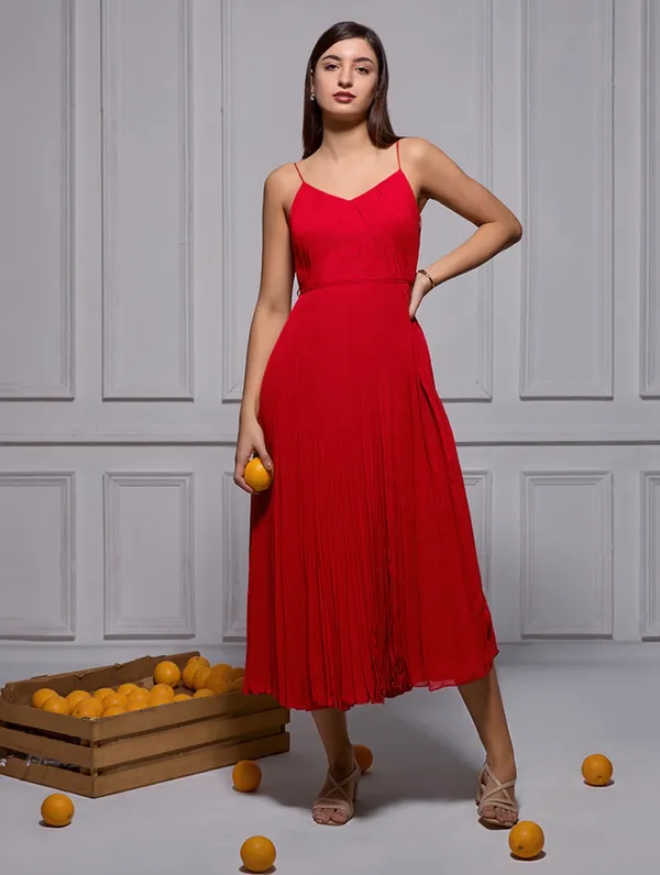 Designer_Red_sleeveless_pleated_midi_dress_|_One_piece_dress