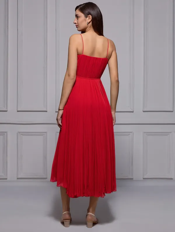 Designer_Red_sleeveless_pleated_midi_dress_|_One_piece_dress
