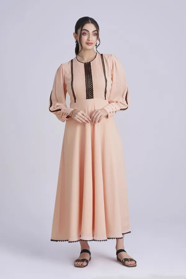 PEACH_GEORGETTE_BLACK_LACE_DRESS