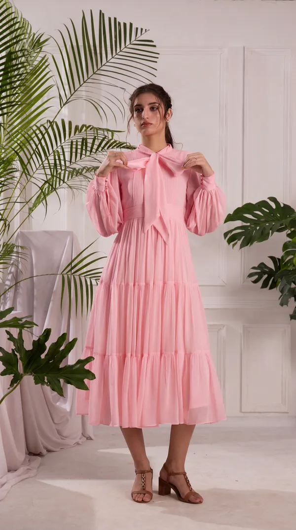 Elegant_Pink_Pleated_Midi_Dress_|_Tiered_dress_with_Bow_tie_Detail