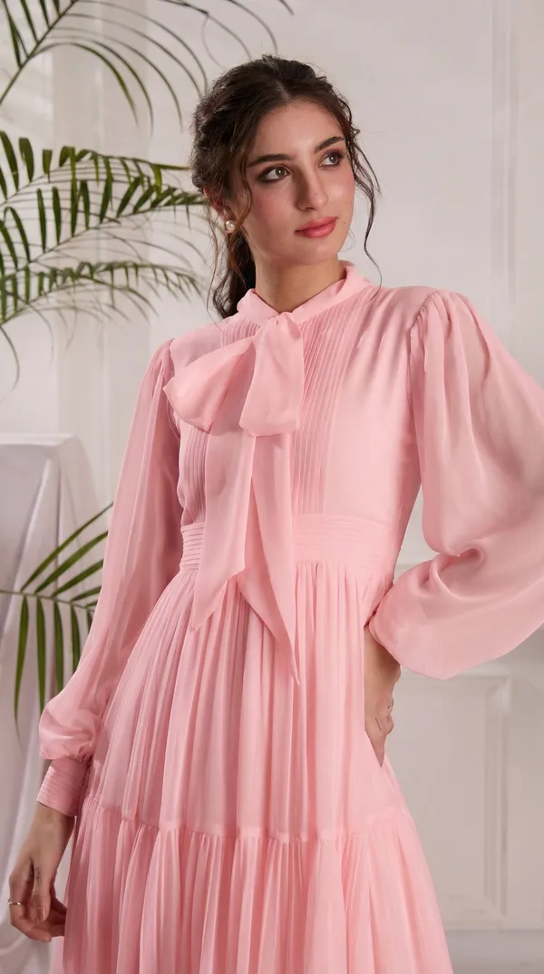 Elegant_Pink_Pleated_Midi_Dress_|_Tiered_dress_with_Bow_tie_Detail