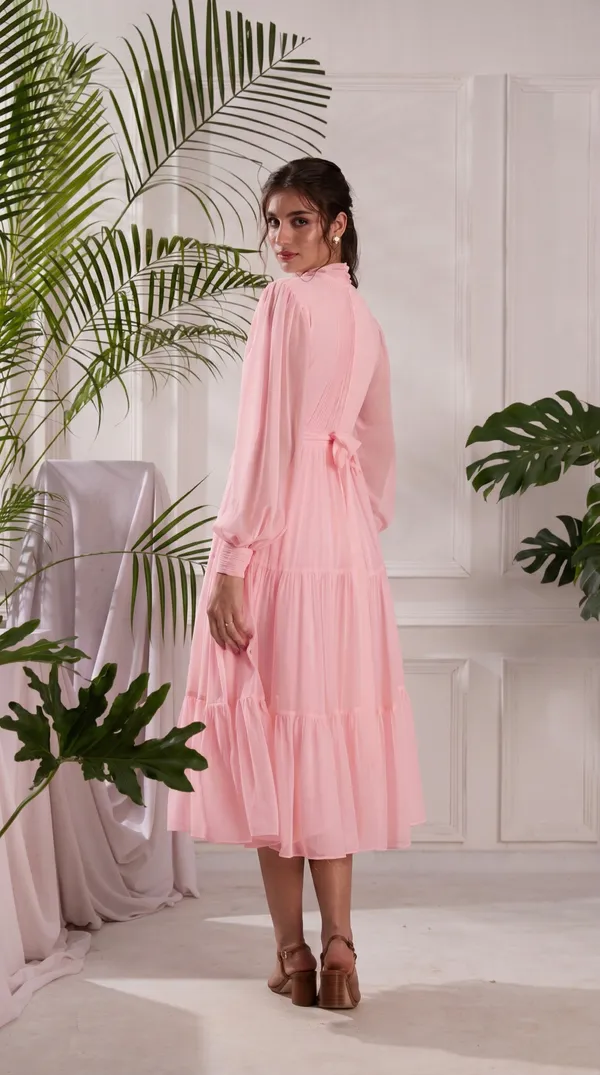 Elegant_Pink_Pleated_Midi_Dress_|_Tiered_dress_with_Bow_tie_Detail