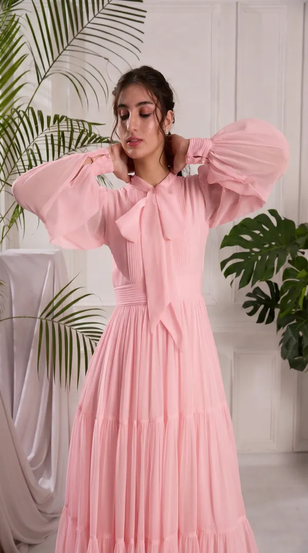 Elegant_Pink_Pleated_Midi_Dress_|_Tiered_dress_with_Bow_tie_Detail