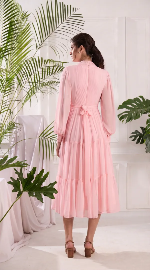 Elegant_Pink_Pleated_Midi_Dress_|_Tiered_dress_with_Bow_tie_Detail