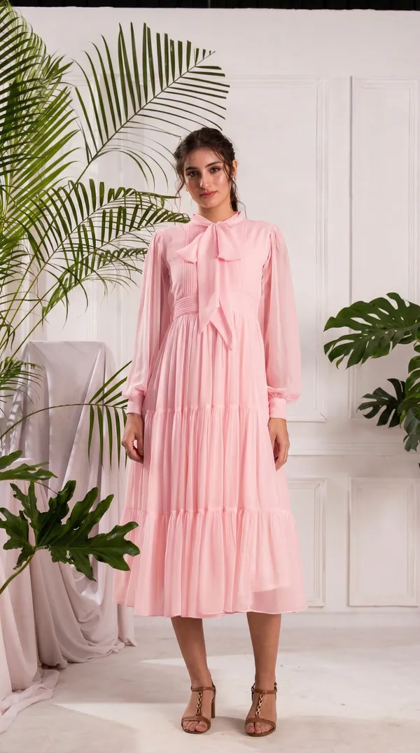 Elegant_Pink_Pleated_Midi_Dress_|_Tiered_dress_with_Bow_tie_Detail