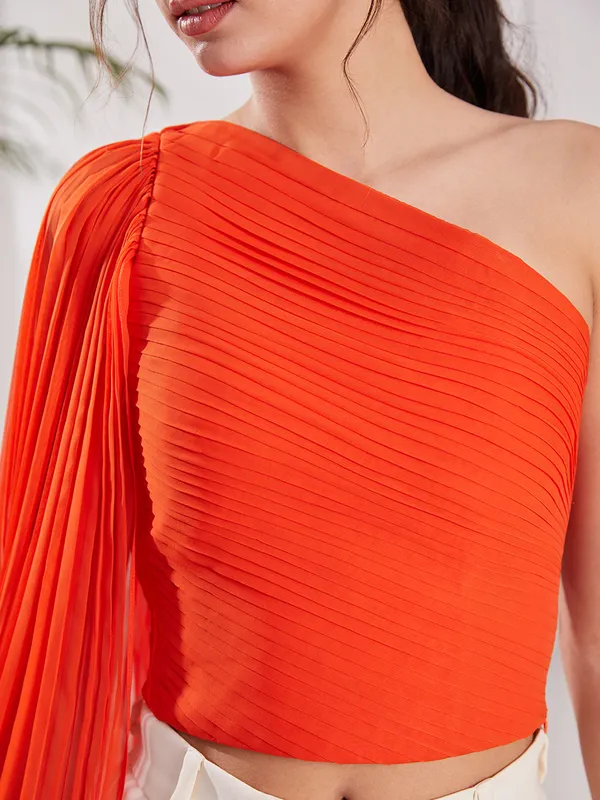 Orange_One_Shoulder_Pleated_Top_|_Designer_One_Shoulder_Top_for_partywear