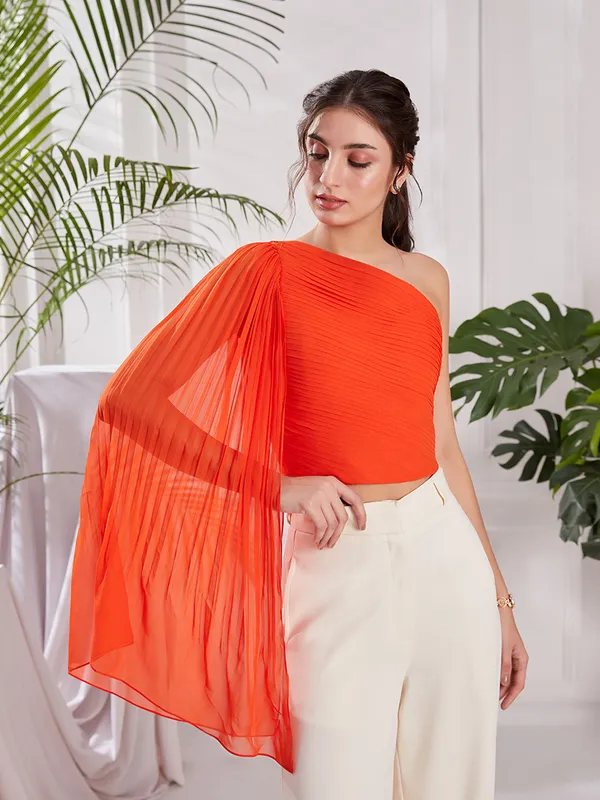 Orange_One_Shoulder_Pleated_Top_|_Designer_One_Shoulder_Top_for_partywear