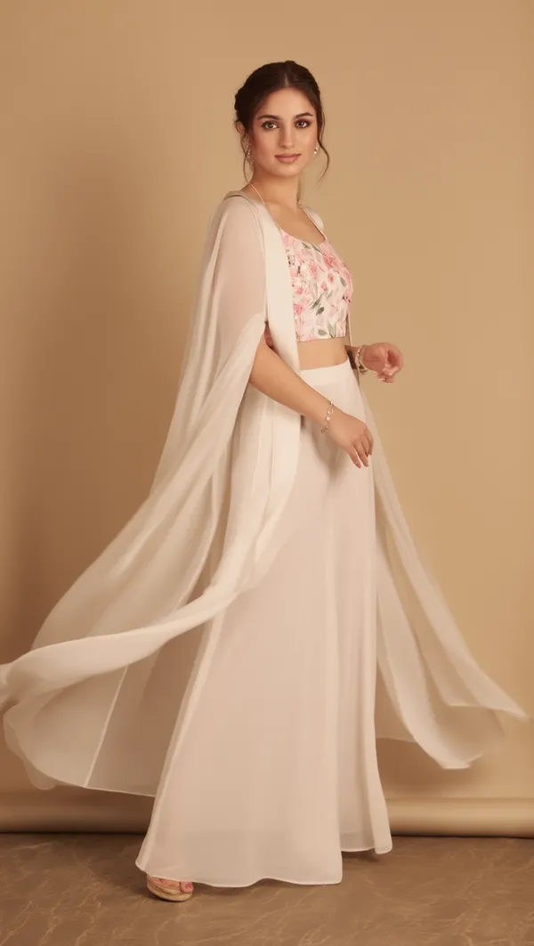 White_Palazzo_Set_with_Floral_Crop_Top_and_Long_Cape_|_indo_western_3_piece_outfit