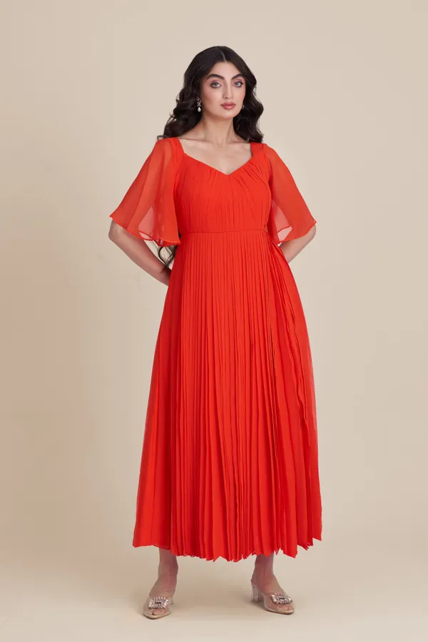 ORANGE_GEORGETTE_PLEATED_DRESS