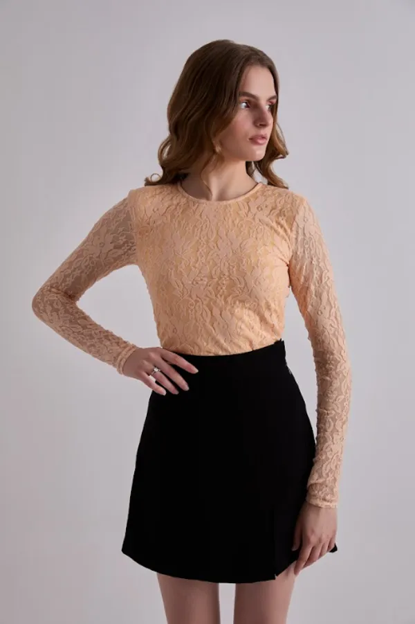 Orange_Stretchable_Polyester_Net_Lace_Top_For_Women