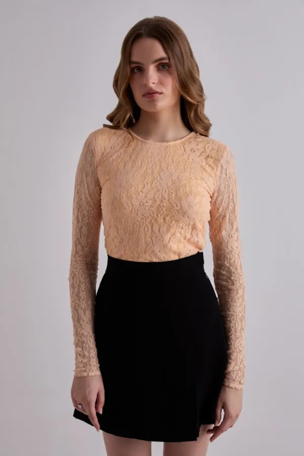 Orange_Stretchable_Polyester_Net_Lace_Top_For_Women