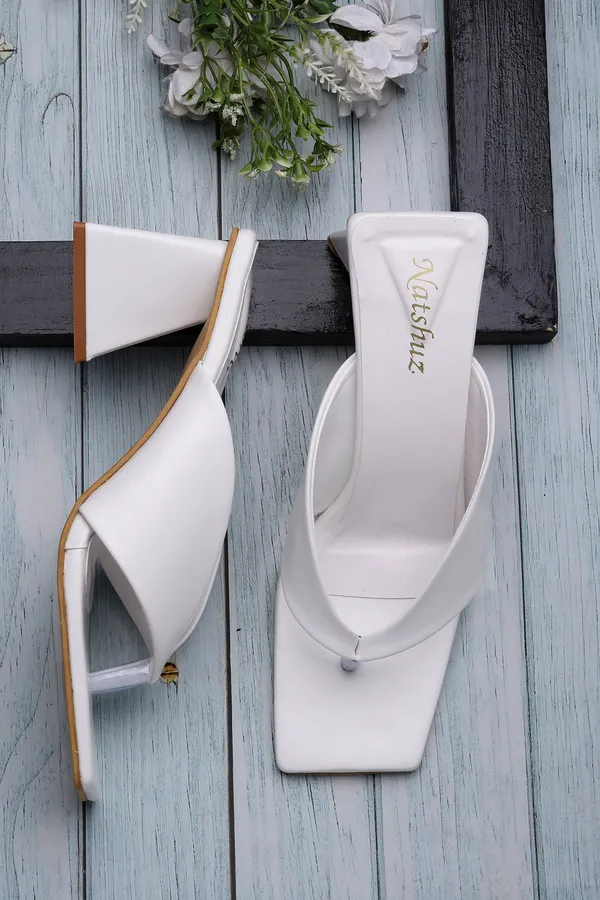 White_Solid_Slip-On_Artificial_Leather_Heels_For_Women