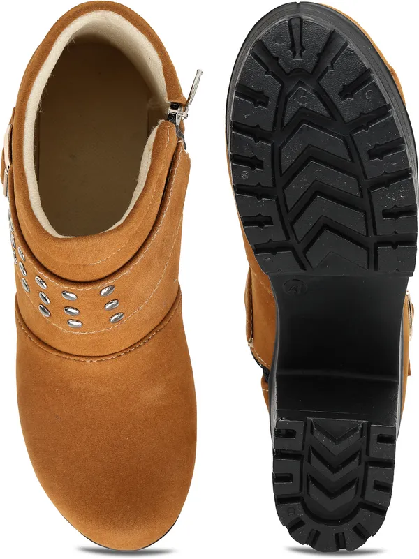 Tan_Solid_Round_Suede_Casual_Boots_For_Women