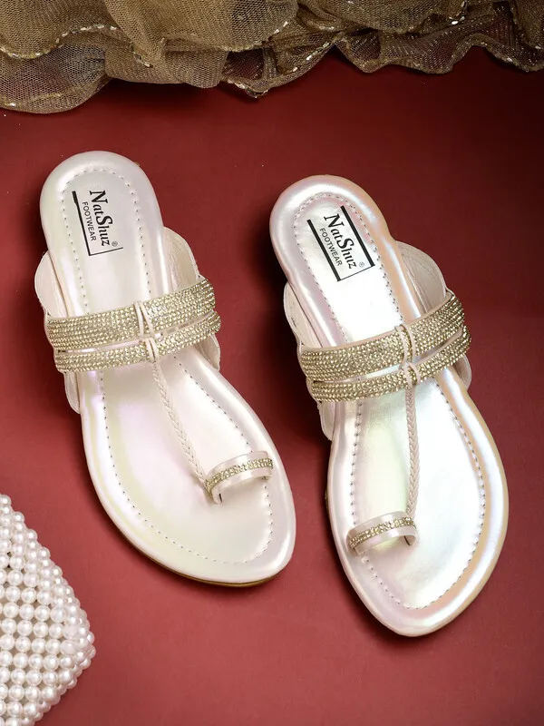 Pink::Gold_Solid_Slip-On_Artificial_Leather_Flats_For_Women