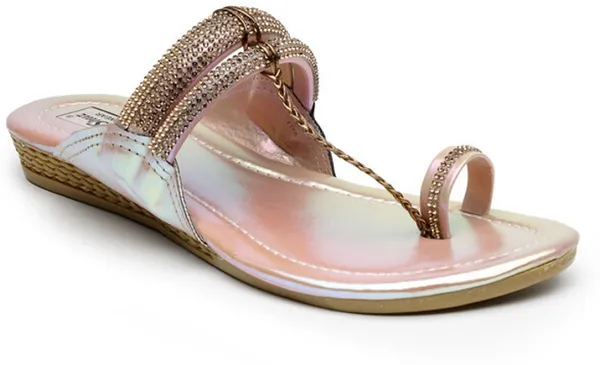 Pink::Gold_Solid_Slip-On_Artificial_Leather_Flats_For_Women