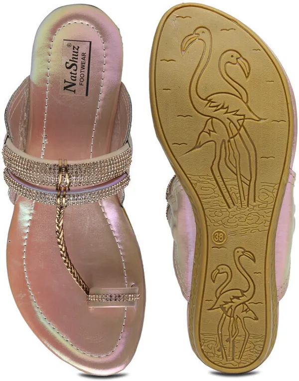 Pink::Gold_Solid_Slip-On_Artificial_Leather_Flats_For_Women