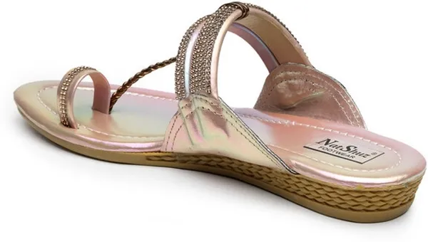 Pink::Gold_Solid_Slip-On_Artificial_Leather_Flats_For_Women