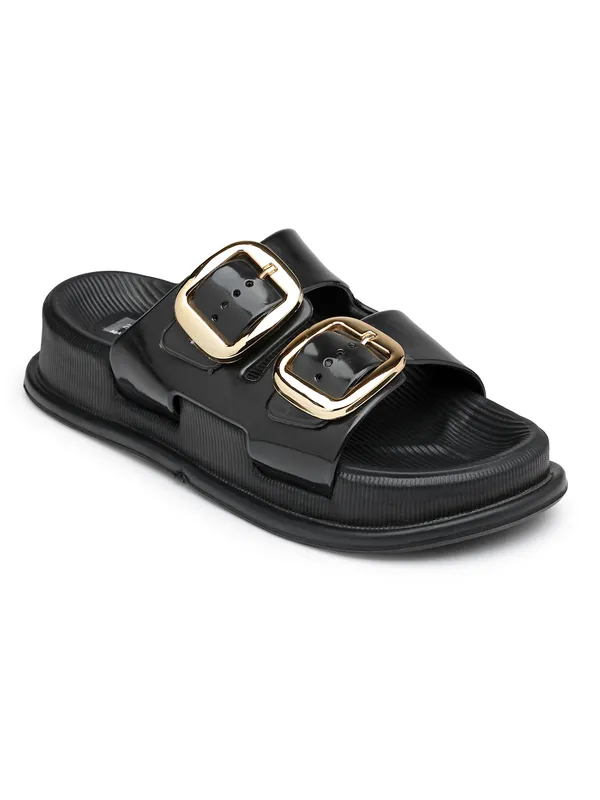 Women's_Glossy_Double_Buckle_Slip-On_Sandals_–_Chic,_Water-Resistant,_Lightweight_Comfort_Slides