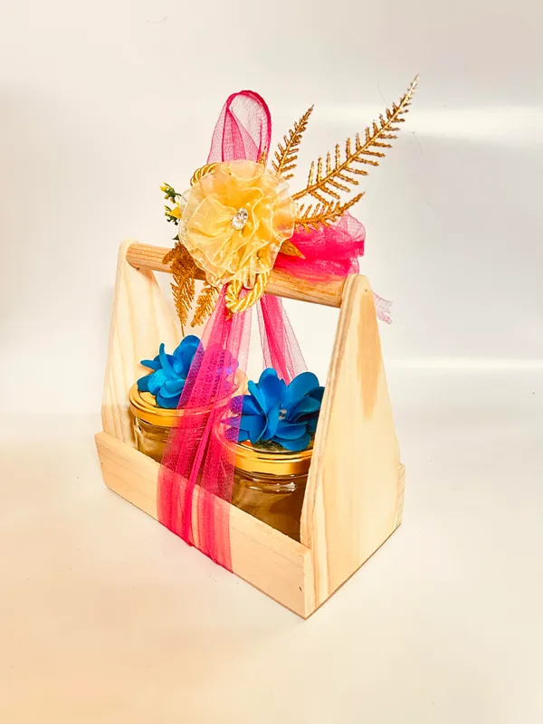 Pack_Of_2__Decorated_Jar_Pinewood_Empty_Gift_Hamper_Basket_Gift_Packaging_Basket_With_Net_Decoration_Including_Flower_(10X20X17_CM)_(_Jars_are_not_included)
