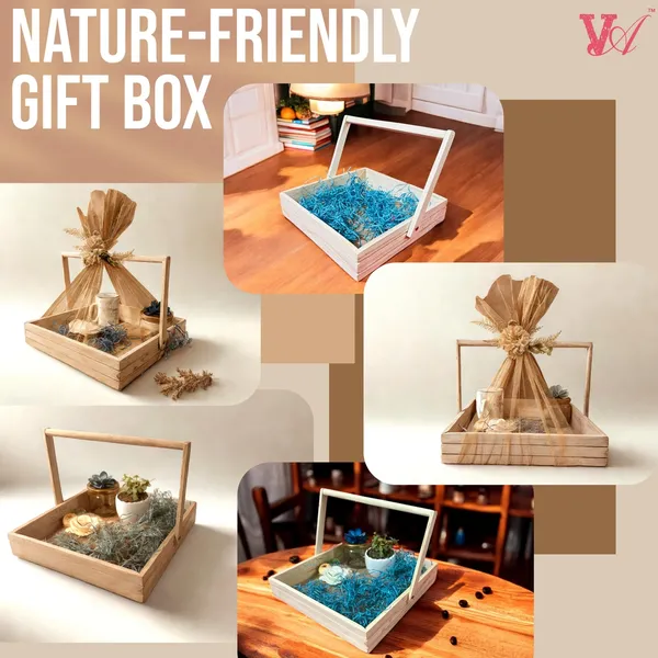 Pinewood_Gift_Packaging_Basket_With_Handle_(10X10X2.25"_Inches)_With_Decoration_Flower_And_Net_Empty_Gift_Hamper_Basket_(25x25x6_CM)