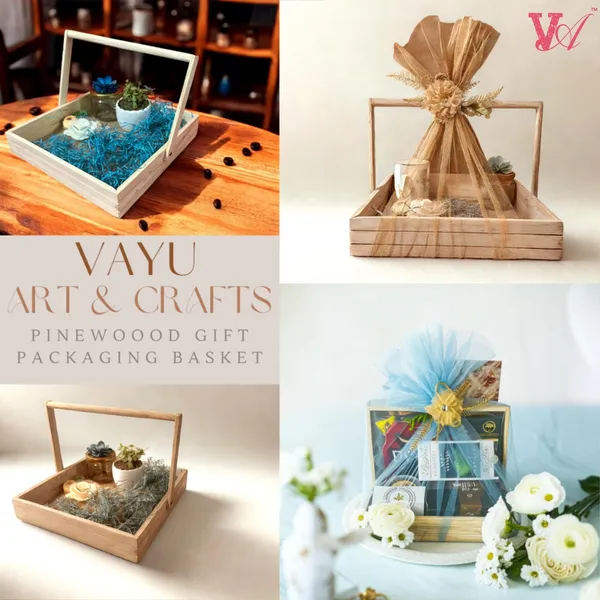 Pinewood_Gift_Packaging_Basket_With_Handle_(10X10X2.25"_Inches)_With_Decoration_Flower_And_Net_Empty_Gift_Hamper_Basket_(25x25x6_CM)