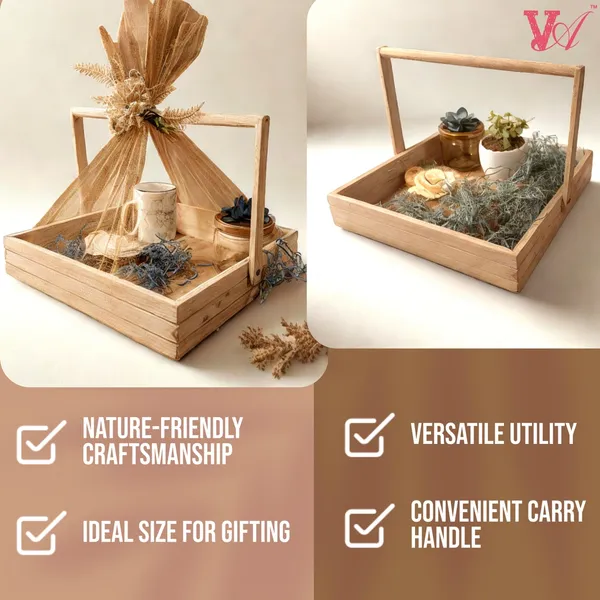 Pinewood_Gift_Packaging_Basket_With_Handle_(10X10X2.25"_Inches)_With_Decoration_Flower_And_Net_Empty_Gift_Hamper_Basket_(25x25x6_CM)