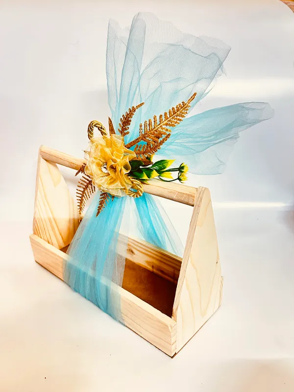 3_Jar_Pine_Wood_Gift_Hamper_Basket_|Perfect_For_Gifting_And_Home_Decor_Wedding/Event_With_Net_Flower_Decoration_(10x29x18_CM)