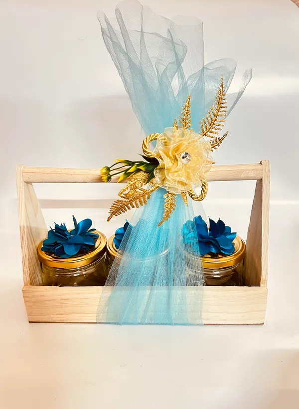 3_Jar_Pine_Wood_Gift_Hamper_Basket_|Perfect_For_Gifting_And_Home_Decor_Wedding/Event_With_Net_Flower_Decoration_(10x29x18_CM)