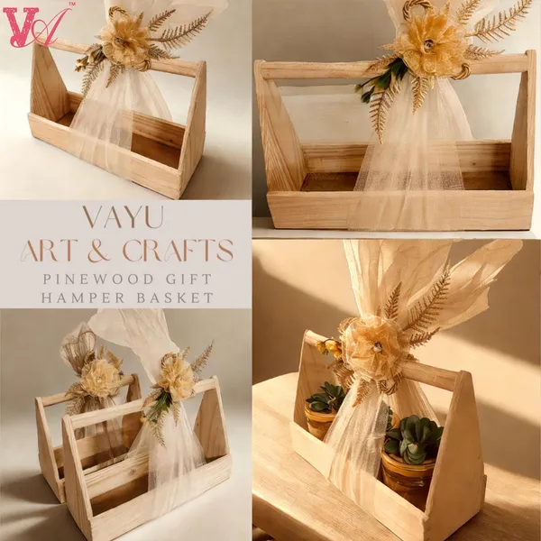 3_Jar_Pine_Wood_Gift_Hamper_Basket_|Perfect_For_Gifting_And_Home_Decor_Wedding/Event_With_Net_Flower_Decoration_(10x29x18_CM)