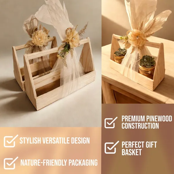 3_Jar_Pine_Wood_Gift_Hamper_Basket_|Perfect_For_Gifting_And_Home_Decor_Wedding/Event_With_Net_Flower_Decoration_(10x29x18_CM)