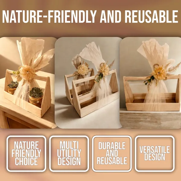 3_Jar_Pine_Wood_Gift_Hamper_Basket_|Perfect_For_Gifting_And_Home_Decor_Wedding/Event_With_Net_Flower_Decoration_(10x29x18_CM)