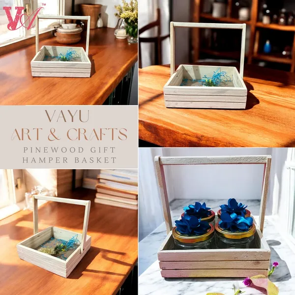 Small_Size_Pine_Wood_Empty_Gift_Hamper_Basket_Mdf_Base._8X8X2.5"_Inches_(20X20X5.7_Cm)_With_Net_And_Oranza_Flower_(20x20x6_CM)