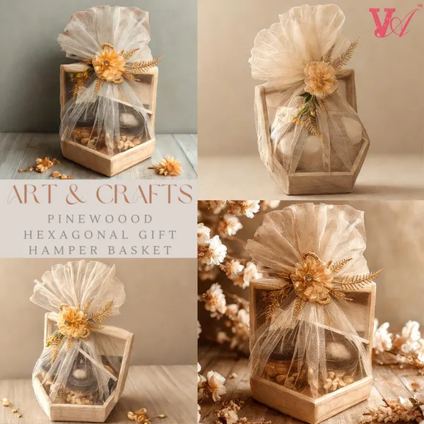 Pine_Wood_Hexagonal_Shape_Gift_Hamper_Basket_|_For_Gifting_And_Home_Decor_Wedding/Event_With_Net_Flower_Decoration_Size_(20X20X4.5_Cm)