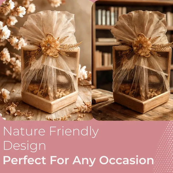 Pine_Wood_Hexagonal_Shape_Gift_Hamper_Basket_|_For_Gifting_And_Home_Decor_Wedding/Event_With_Net_Flower_Decoration_Size_(20X20X4.5_Cm)