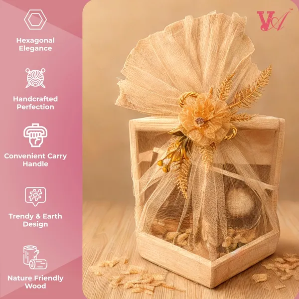Pine_Wood_Hexagonal_Shape_Gift_Hamper_Basket_|_For_Gifting_And_Home_Decor_Wedding/Event_With_Net_Flower_Decoration_Size_(20X20X4.5_Cm)