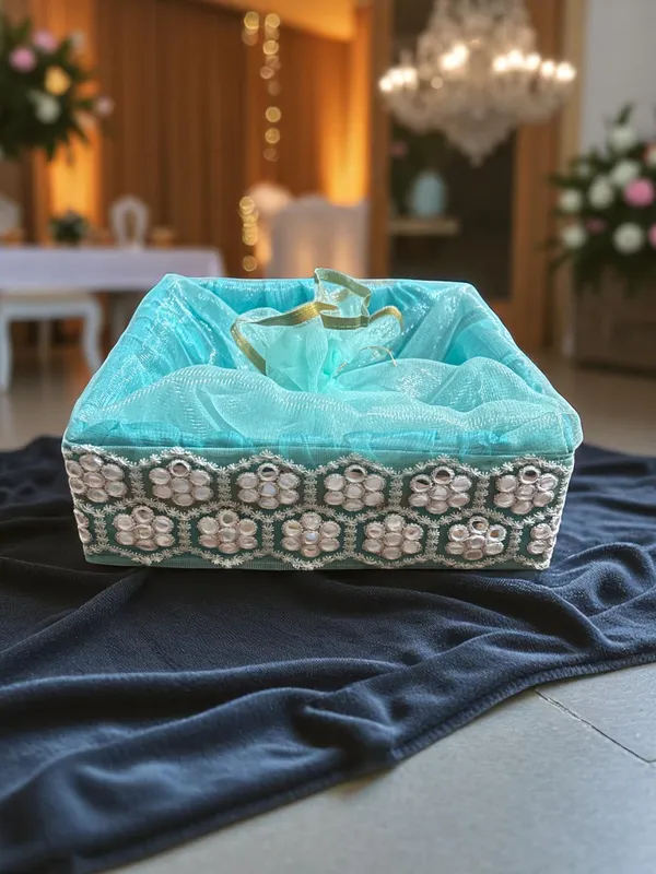 Decorated_Net_Gift_Hamper_Basket_?_Elegant_Handmade_Gift_Basket_For_All_Occasions,_Perfect_For_Weddings,_Festivals,_&_Special_Events_Sea_Green_(Size-25X25X7.6_Cm)