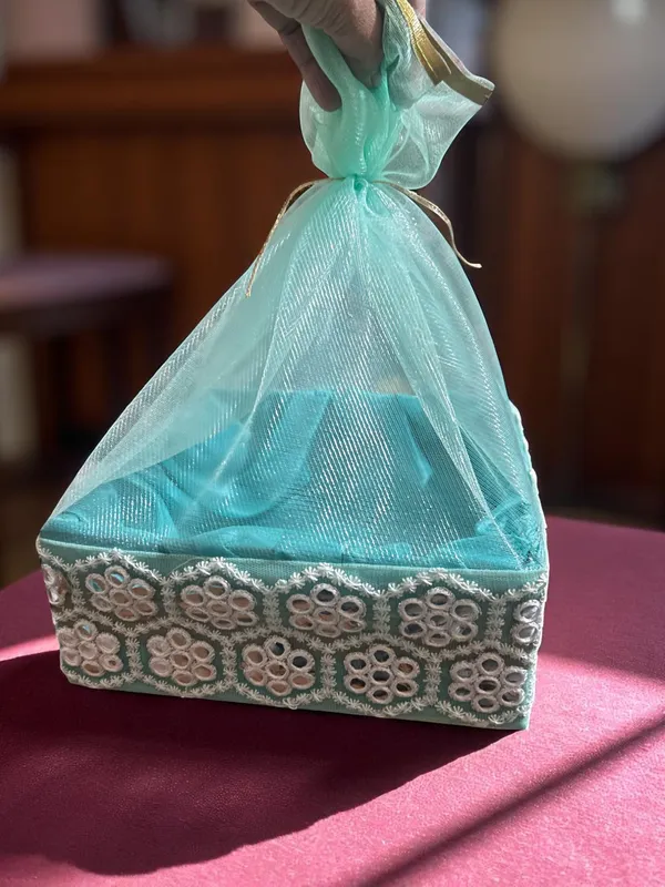 Decorated_Net_Gift_Hamper_Basket_?_Elegant_Handmade_Gift_Basket_For_All_Occasions,_Perfect_For_Weddings,_Festivals,_&_Special_Events_Sea_Green_(Size-25X25X7.6_Cm)