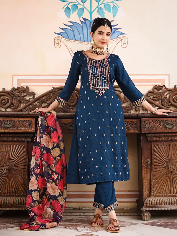 Blue_Silk_blend_Embroidered_3/4_Sleeve_Kurta_Trouser_For_Women