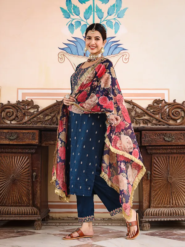Blue_Silk_blend_Embroidered_3/4_Sleeve_Kurta_Trouser_For_Women