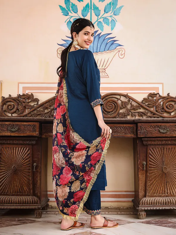 Blue_Silk_blend_Embroidered_3/4_Sleeve_Kurta_Trouser_For_Women