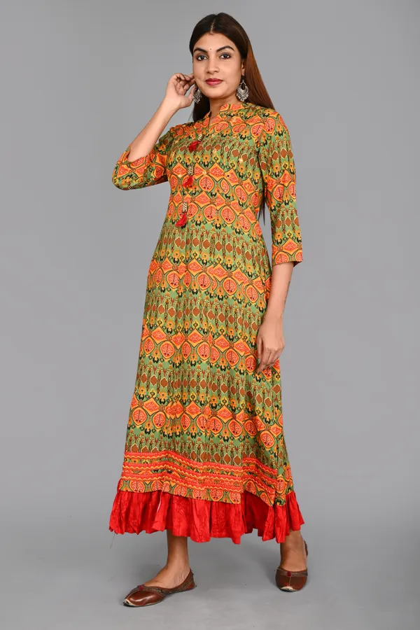Multicolor_Rayon_Blend_Embroidered_3/4_Sleeve_Gown_For_Women