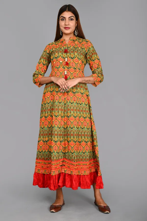 Multicolor_Rayon_Blend_Embroidered_3/4_Sleeve_Gown_For_Women