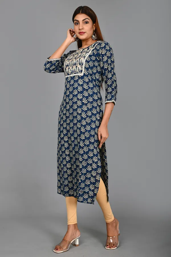 Dark_Blue_Viscose_Rayon_Embroidered_3/4_Sleeve_Kurta_Churidar_For_Women