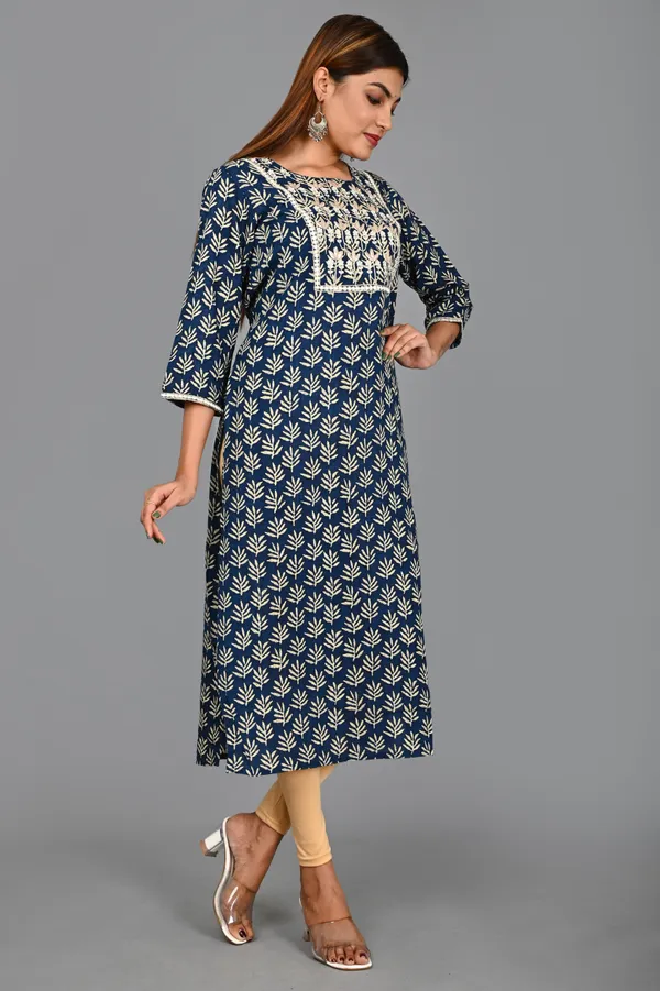 Dark_Blue_Viscose_Rayon_Embroidered_3/4_Sleeve_Kurta_Churidar_For_Women
